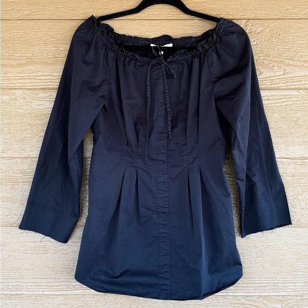 Tibi Black Off-Shoulder Ruffle Tie 100% Cotton Blouse Sz 2